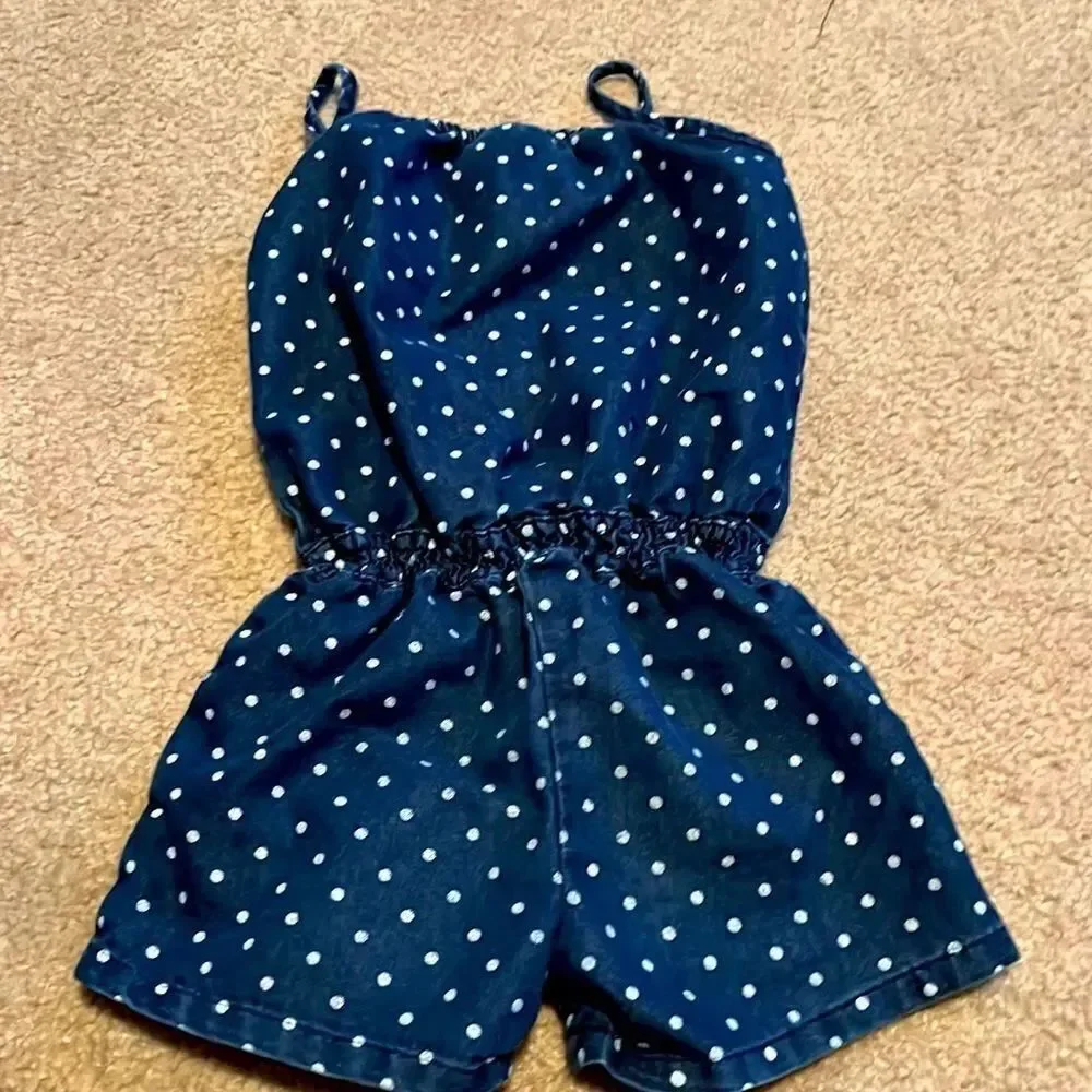 Real Love Denim Polka Dot Spaghetti Strap Romper with Lace and Bow- Size 3T